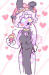 4_fingers accessory anthro apple_juice aroused beverage black_clothing blue_eyes blush bow_ribbon breast_squish breasts bunny_costume cleavage_cutout clothed clothing costume cutout eyelashes eyeliner felid feline female fingers fishnet_clothing freckles fur hair hair_accessory hair_bow hair_ribbon heart_eyes heart_symbol heterochromia jemlin juice_(beverage) makeup mammal markings minimal_shading mushroom_cap no_underwear purple_body purple_fur rainlover ribbons scut_tail short_tail simple_background sleeveless_dress slit_dress solo spots spotted_body spotted_fur squish tail trans_(lore) white_body white_fur wings yellow_eyes