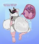 abdominal_bulge anthro belly big_belly body_outline clothing duo english_text gurglegluts hat headgear headwear hi_res hoodie internal legwear machine male male/male male_pred male_prey navel open_mouth prey_outline protogen same_size_vore stockings text topwear vore