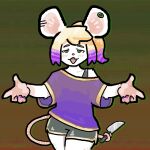 1:1 ambiguous_gender animal_humanoid anthro blonde_hair bottomwear clothing colored_nails cutlery dolphin_shorts ear_piercing ear_scar ear_tag eyebrows eyestrain_warning fingernails flesh_fang fur green_eyes hair hi_res humanoid jitome kitchen_knife kitchen_utensils knife mammal mammal_humanoid mouse_humanoid mouse_tail mrbalderus murid murid_humanoid murine murine_humanoid nails offering_hug pattern_background piercing pink_hands pink_tail ponytail prehensile_tail purple_clothing purple_fingernails purple_hair_tips purple_nails purple_shirt purple_topwear rodent rodent_humanoid scar shirt shorts simple_background solo striped_background tail tail_holding_object tail_holding_weapon tools topwear white_body white_fur zoe_umeko_(mrbalderus)