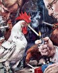 20th_century 4:5 ancient_art avian avian_caruncle avian_feet beak bird brown_body brown_feathers brown_hair chicken cigarette cigarette_box clothing comb_(anatomy) cuff_links dewlap_(anatomy) eyewear facial_hair feathered_wings feathers female feral fire galliform glasses hair head_crest hi_res holding_lighter holding_object human imperial_brands_plc inside lighter lighting_cigarette male mammal mustache pale_skin phasianid shirt smoke smoking smoking_cigarette standing topwear traditional_media_(artwork) walter_molino wattle wearing_glasses white_body white_feathers wings winston_(cigarette) yellow_beak