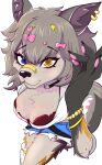 absurd_res accessory anthro arm_markings band-aid bandage belt blush bottomwear bra bra_strap bracelet breasts canid canine choker clothing ear_piercing epic_games eyelashes eyeliner eyewear fangs female fortnite glasses gold_(metal) grey_body grey_hair hair hair_accessory hairpin heterochromia hi_res inner_ear_fluff jewelry lace_bra leg_markings legwear long_hair makeup mammal markings necklace pawpads piercing shirt shorts snout solo tail teeth thick_thighs topwear tuft underwear vannillama viewed_from_above wearing_glasses wolfie_(fortnite)