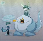 2023 absurd_res anthro belly big_belly black_hair blue_body blue_border blue_clothing blue_fur blue_hair blue_shirt blue_topwear border canid canine canis clothing els3d fox fur group hair hi_res kangaroo macropod male mammal marsupial overweight sed_(els3d) shirt spanish_text speech_bubble text topwear translated trio wolf