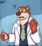 absurd_res accessory after_transformation alternate_species anthro beaker bear brok_the_investigator clothing coat cowcat_games dr._mink fur hi_res lab_coat laboratory_equipment laboratory_glassware male mammal mckodimus necktie orange_body orange_fur potion scientific_instrument shaking shocked solo surprised topwear trembling yellow_eyes