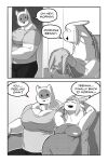 2:3 absurd_res alien anthro belly betelgeusian big_belly clothing comic dialogue digital_media_(artwork) english_text felid feline hands_behind_head hat headgear headwear hi_res holding_clothing holding_hat holding_headgear holding_headwear holding_object male mammal meow_(space_dandy) meowmymyamo monochrome moobs muscular muscular_anthro muscular_male navel_outline nipples overweight overweight_anthro overweight_male shirt smile space_dandy speech_bubble text topwear