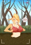 5_fingers antelope anthro blonde_hair bovid bra breasts brown_horn camera_view cleavage clothed clothing day disney exclamation_point female fingers forest fur gazelle gazelle_(zootopia) hair hi_res horn mammal mud multicolored_body multicolored_fur navel open_mouth orange_eyes outside pink_nose pink_tongue plant quicksand sequence shaded shirasiyuki shrub sinking solo story story_in_description tan_body tan_fur tongue tree underwear zootopia