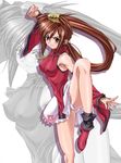  blush boots breasts brown_eyes brown_hair china_dress chinese_clothes covered_nipples detached_sleeves dress fighting_stance guilty_gear high_kick highres higuchi_isami kicking kuradoberi_jam leg_lift long_hair medium_breasts panties pantyshot smile solo underwear white_panties zoom_layer 