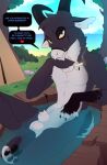 2026 2_horns 3_claws 3_toes alicorus_(meraence) animal_genitalia anthro arm_markings balls bath bathing beach biped black-horns black_body black_ears black_fur black_hair black_horn black_markings black_pawpads black_tail blue_eyes blue_sky bovid camping_tent caprine cigarette cigarette_smoke claws curved_horn day delve_into_pawssion detailed_background dialogue digital_media_(artwork) english_text facial_markings featureless_chest feet finger_claws fingerless_(marking) fingerless_gloves_(marking) fully_sheathed fur genitals gloves_(marking) goat grass hair head_horn head_markings heart_symbol hi_res holding_cigarette holding_object horn looking_at_viewer male male_anthro mammal markings meraence multicolored_body multicolored_fur multicolored_tail nature navel notched_ear nude nude_anthro nude_male outside partially_submerged pawpads plant rock sand sea seaside sheath shrub sky small_tail smile smiling_at_viewer smirk smirking_at_viewer smoke smoking smoking_cigarette solo speech_bubble tail talking_to_viewer text toe_claws toeless_(marking) toes tree two_tone_body two_tone_fur two_tone_tail water white_balls white_body white_fur white_inner_ear white_markings white_tail yellow_sclera