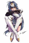  blue_hair breasts elbow_gloves elbows_on_knees gloves knees_up kos-mos long_hair long_sleeves medium_breasts onaya_masakazu red_eyes sitting solo thighhighs very_long_hair xenosaga xenosaga_episode_i 