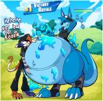  2024 after_vore anthro belly big_belly black_clothing black_shirt black_topwear blue_body blue_fur blue_sky border clothing domestic_cat drew_(dragovian15) els3d epic_games felid feline felis fortnite fur grass group hat headgear headwear hi_res huge_belly kangaroo macropod male male_pred mammal marsupial meow_skulls outside plant shirt sky text topwear trio vore white_border 