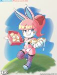 3:4 absurd_res anthro armwear bedroom_eyes birthday bite biting_lip blue_eyes bow_ribbon breasts choker clothed clothing dessert digital_media_(artwork) empanada fan_character female fishnet_armwear fishnet_clothing fishnet_legwear food fur hair hi_res jackintaro jewelry lagomorph legwear leporid looking_at_viewer mammal narrowed_eyes necklace nipples panties pastry pink_body pink_hair ponytail rabbit seductive simple_background smile solo stockings teeth text underwear url
