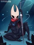 2026 anthro anus arachnid areola arthropod black_body black_eyes blush blush_lines breasts butt cape clothing english_text female genitals hi_res hollow_knight_(franchise) hornet_(hollow_knight) melee_weapon nipples nude plant red_cape red_clothing simple_background sitting solo spider sword team_cherry text thick_thighs ultrahyper vulva watermark weapon white_head wide_hips