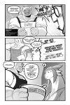 2:3 absurd_res alien anthro apron betelgeusian blush blush_lines bowl chopsticks clothing comic container dialogue digital_media_(artwork) english_text exclamation_point felid feline food hat headgear headwear hi_res male mammal menu meow_(space_dandy) meowmymyamo monochrome muscular muscular_anthro muscular_male noodles question_mark robe space_dandy speech_bubble text