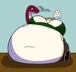 anthro belly big_belly big_breasts blonde_hair blush breasts clothing digital_media_(artwork) embarrassed english_text eyes_closed female fur governorstuffin green_clothing green_shirt green_topwear hair hi_res holding_belly huge_belly huge_breasts immobile inflation lagomorph leggings legwear leporid living_tail mammal maroon_scales overweight ponytail rabbit shirt solo stuffing tail tan_body tan_fur text thick_thighs topwear unusual_anatomy unusual_tail weight_gain white_body white_fur yellow_sclera