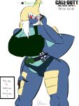 3:4 activision anthro big_breasts blue_body breasts call_of_duty call_of_duty:_black_ops_ii clothing english_text explosives female generation_5_pokemon grenade hair hi_res huge_breasts nintendo pokemon pokemon_(species) red_eyes riku9797 samurott solo text topwear underwear weapon white_hair