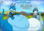 2023 after_vore anthro belly big_belly blue_body blue_border blue_fur blue_sky border clothing drew_(dragovian15) els3d english_text female female_pred fence fur group hi_res huge_belly kangaroo koni_(els3d) macropod male male_pred mammal marsupial outside sed_(els3d) shirt sky speech_bubble text topwear trio vore
