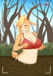5_fingers antelope anthro blonde_hair bottomwear bovid bra breasts brown_horn camera_view cleavage clothed clothing day disney female fingers forest fur gazelle gazelle_(zootopia) hair hi_res horn mammal miniskirt mud multicolored_body multicolored_fur navel open_mouth orange_eyes outside pink_nose pink_tongue plant quicksand sequence shaded shirasiyuki shrub sinking skirt solo story story_in_description tail tail_over_skirt tan_body tan_fur tan_tail tongue tree underwear zootopia