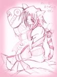  animal_ears artist_request bad_anatomy bow cat_ears cat_tail copyright_request fish hug kneeling large_bow monochrome naked_ribbon pillow pink ribbon sketch solo tail tail_ribbon 