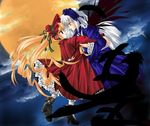  arm_grab artist_request black_wings blonde_hair bonnet capelet dress drill_hair eye_contact feathers floating flower frills full_moon long_hair long_sleeves looking_at_another lowres moon multiple_girls night puffy_sleeves red_dress rose rozen_maiden shinku shoes silver_hair sky suigintou very_long_hair wings 