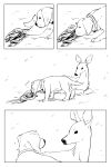 2:3 absurd_res alternate_species ambiguous_gender bear_trap blood bodily_fluids canid canine canis collar comic deer deltarune domestic_dog duo feral feralized floppy_ears furrification goomyloid hi_res kris_dreemurr licking mammal monochrome noelle_holiday sketch sniffing snout snow snowing tail tongue trap_(contrivance) undertale_(series) wounded