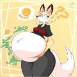 1:1 2024 absurd_res anthro belly big_belly black_clothing black_shirt black_topwear breasts clothing els3d female food generation_7_pokemon hi_res lycanroc nintendo overweight pokemon pokemon_(species) shirt solo text topwear waffle