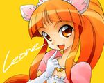  animal_ears bangs blunt_bangs character_name elbow_gloves fangs finger_to_mouth flat_chest fushigiboshi_no_futago_hime gloves gofu jewelry leonne long_hair necklace orange_background orange_eyes orange_hair pointing pointing_at_self ponytail sidelocks simple_background solo tiara upper_body white_gloves 