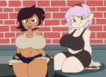 2023 absurd_res amity_blight belly big_belly big_breasts black_bottomwear black_bra black_clothing black_hair black_shorts black_sports_bra black_underwear bottomwear bra breasts brick brick_wall brown_eyes clothed clothed_female clothed_human clothed_humanoid clothing daisy_dukes denim denim_bottomwear denim_clothing denim_shorts detailed_background disney duo ear_piercing female green_clothing green_shirt green_tank_top green_topwear hair hi_res hotpants human humanoid humanoid_pointy_ears kneeling looking_at_viewer luz_noceda mammal midriff navel not_furry orcaverde piercing pointy_ears purple_hair shirt shorts small_waist smile sports_bra tank_top the_owl_house thick_thighs tongue tongue_out topwear underwear wall_(structure) wide_hips witch_(the_owl_house) yellow_eyes