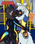 10n 4:5 absurd_res agender_(lore) anthro blue_clothing blue_shirt blue_topwear bodysuit bound clothing d15c dialogue drone duo ear_piercing hands_tied hands_tied_above_head heart_symbol hi_res hip_grab latex latex_bodysuit latex_clothing latex_skinsuit lock_bulge lock_symbol machine male male/male multiple_piercings nonbinary_(lore) null_bulge null_bulge_frottage piercing prettyhim protogen public_transportation safety_vest shirt skinsuit standing tight_clothing topwear vest wearing_shirt
