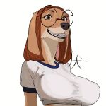  1:1 2025 absurd_res anthro big_breasts big_glasses black_lips breasts brown_eyes brown_hair bust_portrait canid canine canis clothing colored crop_top digital_drawing_(artwork) digital_media_(artwork) domestic_dog eyewear fangs female fur glasses hair hi_res illumination_entertainment kisu-inu lips looking_at_viewer low-angle_view mammal orange_body portrait round_glasses shaded shirt signature simple_background sing_(movie) smile smiling_at_viewer solo suki_lane tan_body tan_fur teeth topwear white_background white_clothing white_crop_top white_topwear 