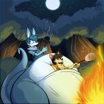  1:1 2024 absurd_res anthro belly big_belly black_hair blue_body blue_clothing blue_fur blue_shirt blue_topwear campfire candy canid canine canis clothing dessert duo els3d food forest fur hair hi_res huge_belly kangaroo macropod male mammal marshmallow marsupial moon night outside overweight plant sed_(els3d) shirt topwear tree wolf yellow_body yellow_fur 