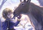  animal antlers arms_up ascot backlighting bare_tree belt bird brown_hair bunny capelet commentary earrings fantasy gloves grass hair_ornament happy highres hug jewelry licking morning one_eye_closed original photoshop_(medium) purple_eyes reindeer shiki_makoto short_hair signature size_difference smile snow stream sunlight sunrise tongue tongue_out tree water winter 
