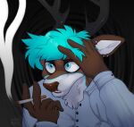 2026 abstract_background anthro antlers blue_clothing blue_eyes blue_hair blue_shirt blue_topwear brown_body bust_portrait cigarette cigarette_smoke clothed clothing conhugo deer detailed ear_piercing ear_ring eyebrows fingers fluffy fully_clothed fur glistening hair hand_on_head hi_res holding_cigarette holding_object horn icon jewelry looking_up male male_anthro mammal nervous open_clothing open_mouth open_shirt open_topwear piercing portrait ring_piercing scared shaded shirt shocked short_hair simple_background smoke smoking smoking_cigarette solo standing surprised teal_eyes teal_hair topwear white_body wide_eyed worried