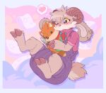 2_fingers 2_toes absurd_res ambiguous_gender anthro big_diaper blush blush_lines bovid brown_body brown_ears brown_fur brown_hooves brown_horn brown_nose brown_tail bubblepuppers button_(fastener) caprine character_plushie clean_diaper clothed clothing cloven_hooves curled_horn detailed_background diaper diaper_under_clothing ear_piercing ear_ring feet fingers folded_diaper full-length_portrait fur goat goat_(goatedout) gold_(metal) gold_ear_ring head_horn heart_symbol hi_res holding_object holding_plushie hooves horn long_ears mammal midair mouthless multicolored_body multicolored_fur one_eye_closed overalls piercing plushie portrait pupils purple_clothing purple_overalls red_clothing red_shirt red_topwear ring_piercing ruin_seeker shirt solo tail tan_body tan_fur tan_inner_ear thought_bubble three-quarter_view toes topwear tunic_(video_game) unusual_pupils wearing_diaper yellow_sclera