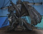 armor black_body black_scales boat claws dragon feral frill_(anatomy) harness horn hyunwook male mythological_creature mythological_scalie mythology sail scales scalie snout solo tail temeraire temeraire_(series) vehicle watercraft wings