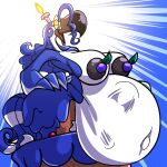 1:1 anthro areola avian big_breasts bird black_areola blue_body breasts candle duo female female_anthro food food_creature hi_res icing_on_body oral_vore piciform predator/prey reina_(sachasketchy) sachasketchy smug_expression struggling struggling_prey toucan unwilling_prey vore