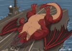 2026 3_toes 4_fingers 69_(number) belly big_belly black_horn black_stripes brown_hair coalt dated digital_media_(artwork) dragon european_mythology feet fingers fluffy fluffy_tail fur furred_dragon furred_scalie green_eyes hair horn looking_at_viewer lying macro male membrane_(anatomy) membranous_wings mythological_creature mythological_scalie mythology on_back pecs red_body red_fur rimentus scalie sea ship signature solo stripes tail tan_body tan_fur toes vehicle warship water watercraft western_dragon wings