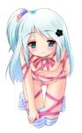  aqua_hair breasts green_eyes long_hair naked_ribbon nipples one_side_up original ribbon shiou_tsuyukusa simple_background small_breasts solo striped striped_legwear thighhighs white_background 