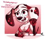 101_dalmatian_street 101_dalmatians anthro bikini bikini_top canid canine canis clothing dalmatian disney domestic_dog female fur hi_res looking_at_viewer mammal offer pkbr4insh0ck_(artist) red_eyes solo spots swimwear text two-piece_swimsuit white_body white_fur wisnia_(pkbr4insh0ck)