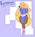 animatronic anthro bear blonde_hair blue_eyes boots breasts butt capcom chun-li clothing cosplay female five_nights_at_freddy's five_nights_in_anime footwear fredbear_(fnaf) fredbear_(lesangd_tw) hair hi_res legwear lesangd_tw lipstick long_hair machine makeup mammal pantyhose robot scottgames shoes smile solo street_fighter tall