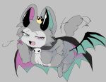 2025 2_horns 3_claws 3_toes anthro arm_tuft arms_bent bat bedroom_eyes belly belly_markings biped black_cape black_clothing black_horn black_wings blush blush_lines breasts breasts_apart cape cheek_tuft claw_fingers claws clothing countershade_face countershade_torso countershading crown curved_horn cute_fangs demon devil_connection devilun_(makemon) digital_media_(artwork) digitigrade directed_motion_outline ears_up elbow_tuft english_description eyebrows eyelashes facial_tuft fangs featureless_breasts feet female female_anthro full-length_portrait fur glistening glistening_horn green_cape green_claws green_clothing green_eyes green_inner_ear green_membrane grey_arms grey_background grey_body grey_breasts grey_ears grey_feet grey_fur grey_head grey_legs grey_tail grey_thighs grey_toes grey_tuft head_horn head_tuft headgear heterochromia hip_wings horn kemono leaning leaning_forward long_ears looking_at_viewer makemon mammal markings meckmeck00124 membrane_(anatomy) membranous_wings mostly_nude mostly_nude_anthro mostly_nude_female motion_lines motion_outline multicolored_body multicolored_cape multicolored_clothing narrowed_eyes noseless open_:3 open_mouth path_lines pink_body pink_cape pink_claws pink_clothing pink_eyes pink_inner_ear pink_tongue portrait pupils raised_tail seductive sharp_horn shortstack shortstack_anthro shortstack_female simple_background slit_pupils smooth_horn solo tail tail_motion tailwag teeth thin_eyebrows three-quarter_view toes tongue tuft two_tone_breasts unusual_wing_placement white_body white_breasts white_face wings yellow_crown yellow_headgear