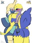 3:4 anthro big_breasts big_butt blue_body blush breasts butt duo female female/female fur galvantula generation_5_pokemon genitals hair hi_res nintendo pokemon pokemon_(species) pokemorph red_eyes riku9797 samurott vulva white_hair yellow_body yellow_fur