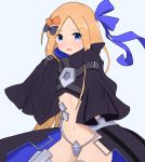  1girl abigail_williams_(fate/grand_order) atsumisu bangs black_bow black_jacket blonde_hair blue_background blue_bow blue_eyes blush bow commentary_request cosplay crotch_plate eyebrows_visible_through_hair fate/extra fate/extra_ccc fate/grand_order fate_(series) forehead hair_bow highres jacket long_hair long_sleeves meltlilith meltlilith_(cosplay) navel open_mouth orange_bow parted_bangs polka_dot polka_dot_bow simple_background sleeves_past_fingers sleeves_past_wrists solo very_long_hair 