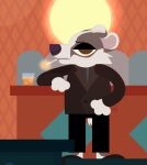 2026 alcohol anthro badger bar beverage biped black_bottomwear black_clothing black_footwear black_pants black_shoes bored bottomwear brown_clothing brown_eyes brown_topwear business_suit cheek_tuft cigarette cigarette_in_mouth cigarette_smoke clothed clothing coat conhugo container cup detailed_background drinking drinking_glass european_badger eyebrows facial_tuft footwear frown full-length_portrait fur glass glass_container glass_cup grey_body grey_fur half-closed_eyes hand_on_hip hi_res holding_cigarette holding_object jacket light lighting lineless looking_at_viewer male mammal meles mustelid musteline narrowed_eyes night_in_the_woods nightclub object_in_mouth pants pockets portrait pose serious shadow shirt shoes short_tail smoke smoking smoking_cigarette solo standing suit tail tired_eyes topwear tuft white_body