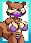 absurd_res angry anthro arms_tied athletic athletic_anthro athletic_female ball_gag bdsm big_breasts bikini bikini_bottom bikini_top bodily_fluids bondage bound breast_bondage breast_squeeze breasts brown_body brown_tail clothed clothed_anthro clothed_female clothing curvy_figure digital_media_(artwork) drooling female gag gagged hands_behind_back hi_res looking_down mammal motion_lines muffled nickelodeon open_mouth open_mouth_gag pink_nose restraints rodent rope rope_bondage rope_harness saliva sandy_cheeks sciurid simple_background solo spongebob_squarepants squeezing submissive submissive_anthro submissive_female swimwear tail teeth teeth_showing thick_thighs tree_squirrel two-piece_swimsuit zalder-saepe
