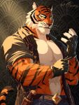 2026 3:4 abs absurd_res amber_eyes anthro belt bengal_tiger biceps biped bottomwear claws clothed clothed_anthro clothed_male clothing colored detailed digital_drawing_(artwork) digital_media_(artwork) epic_games felid finger_claws fingerless_gloves fortnite fur gloves half-length_portrait handwear hi_res inner_ear_fluff knife looking_at_viewer male mammal muscular muscular_anthro muscular_male open_clothing open_shirt open_topwear oravert69522 oscar_(fortnite) pantherine pants pecs pinup portrait pose shaded shirt signature solo standing striped_body striped_fur stripes tail three-quarter_portrait tiger topwear triceps tuft whiskers yellow_sclera
