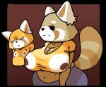 age_difference aggretsuko ailurid anthro big_breasts black_eyes breast_envy breast_size_difference breasts bulging_smiley_shirt_meme cleavage clothed clothing daughter_(lore) duo estebon89 female fluffy fluffy_tail fur hi_res huge_breasts mammal mature_female meme meme_clothing mother_(lore) mother_and_child_(lore) mother_and_daughter_(lore) orange_body orange_fur parent_(lore) parent_and_child_(lore) parent_and_daughter_(lore) red_panda retsuko retsuko's_mother sanrio striped_body striped_fur stripes tail toony wide_hips