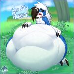 2023 after_vore anthro belly big_belly els3d generation_7_pokemon grass group hi_res huge_belly lycanroc male nintendo outside plant pokemon pokemon_(species) red_sclera speech_bubble text vore
