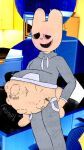 9:16 ambiguous_gender animal_hospital_(roblox) anthro belly big_belly blush hi_res idonutno3 intern_(animal_hospital) lagomorph leporid male mammal mixed_media onomatopoeia photo_background photography_(artwork) pregnant pregnant_male rabbit solo sound_effects standing text vore writing_on_belly