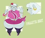 anthro bear belt big_breasts bigbun_3 bottomwear bow_ribbon bracelet breasts bun-e clothing ear_piercing female footwear front_view gesture high_heels jewelry legwear mammal model_sheet pearl_bracelet piercing purse shoes shorts side_view smile solo stockings thick_thighs waving wide_hips