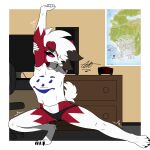 1:1 2026 alarm_clock anthro arm_above_head bedroom black_clothing black_panties black_underwear breasts camel_toe canid cel_shading chair claws clock clothed clothing clothing_lift computer countershading crouching digital_media_(artwork) digitigrade echotastrophe electronics female female_anthro fur furniture generation_7_pokemon grand_theft_auto hi_res kool-aid lycanroc mammal map medium_breasts midnight_lycanroc multicolored_body multicolored_fur nintendo office_chair panties paws pokemon pokemon_(species) poster red_body red_fur rockstar_games shaded shirt short_tail signature skimpy solo spread_legs spreading stretching t-shirt tail topwear underwear white_body white_clothing white_fur white_shirt white_topwear