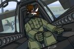 absurd_res aircraft airplane anthro brown_hair clothing cockpit controls flight_suit fur gloves hair handwear hi_res hyena male mammal multicolored_body multicolored_fur nuclear_option orange_eyes pilot solo uniform vehicle vizelius